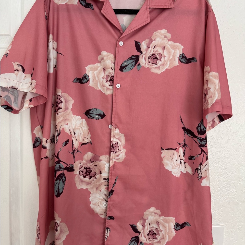 SHEIN Pink Casual Button Down Shirt with Floral Design
